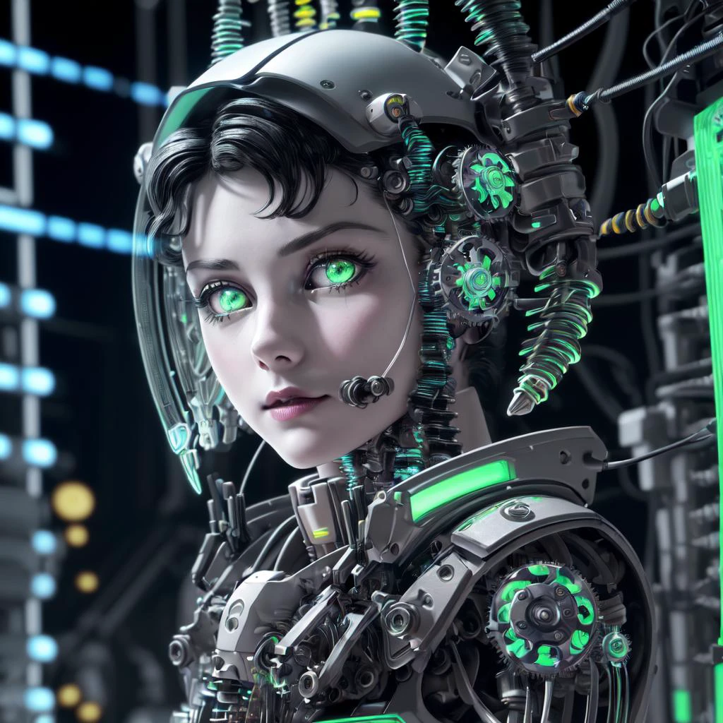 8k ultrafine highly detailed wallpaper, masterpiece, glowing neon code effect around all bright color, surreal, neon color undertones, highly detailed short black hair, 1hairclip, ultrafine highly detailed green eyes, (highly detailed face), symmetrical face, (1 mechanical girl:1.5), (transparent surfaces and skins:1.5), (many mechanical gears and electronic components inside the body:1.4), (mechanical vertebra and cervial:1.3), solo, expressionless, (wires and cables from spine to arms:1.4), (mechanical arms of surgical machine around:1.2), (Circuit boards:1.4), (character focus:1.3)<lora:image_compositionLoCon:1.0><lora:image_compositionLoCon:1.0>