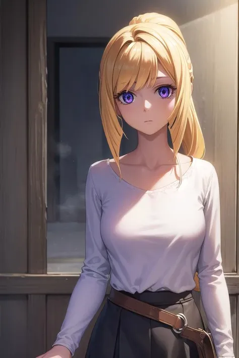 kudeliaainabernstein, <lyco:kudeliaainabernstein-lyco-nochekaiser:1>,
kudelia aina bernstein, (purple eyes:1.1), long hair, blonde hair, bangs, blunt bangs, ponytail,
BREAK skirt, shirt, long sleeves, belt, long skirt, white shirt, collar bone, green skirt,
BREAK indoors,
BREAK looking at viewer, (cowboy shot:1.5),
BREAK <lyco:GoodHands-beta2:1>, (masterpiece:1.2), best quality, high resolution, unity 8k wallpaper, (illustration:0.8), (beautiful detailed eyes:1.6), extremely detailed face, perfect lighting, extremely detailed CG, (perfect hands, perfect anatomy),