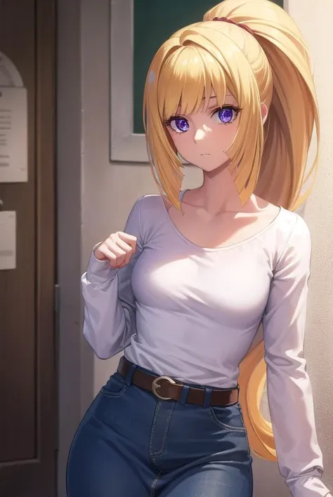 kudeliaainabernstein, <lyco:kudeliaainabernstein-lyco-nochekaiser:1>,
kudelia aina bernstein, (purple eyes:1.1), long hair, blonde hair, bangs, blunt bangs, ponytail, 
BREAK skirt, shirt, long sleeves, belt, long skirt, white shirt, collar bone, green skirt,
BREAK indoors,
BREAK looking at viewer, (cowboy shot:1.5),
BREAK <lyco:GoodHands-beta2:1>, (masterpiece:1.2), best quality, high resolution, unity 8k wallpaper, (illustration:0.8), (beautiful detailed eyes:1.6), extremely detailed face, perfect lighting, extremely detailed CG, (perfect hands, perfect anatomy),