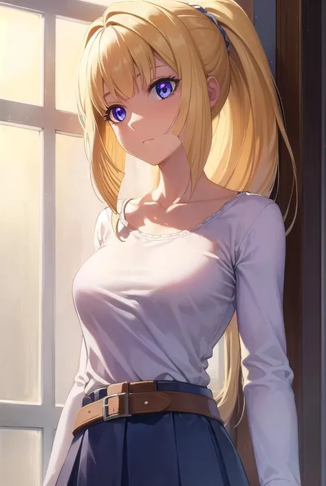 kudeliaainabernstein, <lyco:kudeliaainabernstein-lyco-nochekaiser:1>,
kudelia aina bernstein, (purple eyes:1.1), long hair, blonde hair, bangs, blunt bangs, ponytail,
BREAK skirt, shirt, long sleeves, belt, long skirt, white shirt, collar bone, green skirt,
BREAK indoors,
BREAK looking at viewer, (cowboy shot:1.5),
BREAK <lyco:GoodHands-beta2:1>, (masterpiece:1.2), best quality, high resolution, unity 8k wallpaper, (illustration:0.8), (beautiful detailed eyes:1.6), extremely detailed face, perfect lighting, extremely detailed CG, (perfect hands, perfect anatomy),