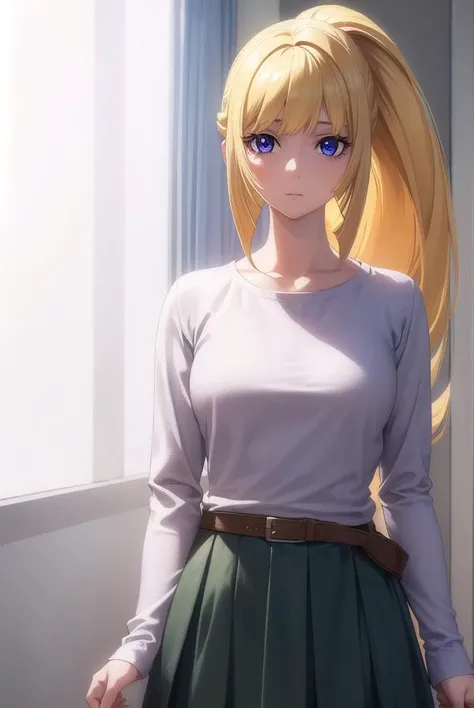 kudeliaainabernstein, <lyco:kudeliaainabernstein-lyco-nochekaiser:1>,
kudelia aina bernstein, (purple eyes:1.1), long hair, blonde hair, bangs, blunt bangs, ponytail,
BREAK skirt, shirt, long sleeves, belt, long skirt, white shirt, collar bone, green skirt,
BREAK indoors,
BREAK looking at viewer, (cowboy shot:1.5),
BREAK <lyco:GoodHands-beta2:1>, (masterpiece:1.2), best quality, high resolution, unity 8k wallpaper, (illustration:0.8), (beautiful detailed eyes:1.6), extremely detailed face, perfect lighting, extremely detailed CG, (perfect hands, perfect anatomy),
