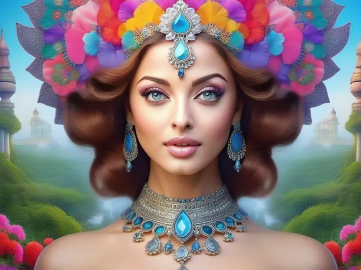 Kaleidoscope art, beautiful, giantess, aishwarya rai, colossal goddess, landscape, detailed, floral, mushrooms, fantasy, landscape, floral, soft, pretty visuals, aesthetic face focus, intricate details, exceptional detail, fantasy, india background,  ethereal lighting, hyper sharp, sharp focus, photorealistic portrait, detailed face, highly detailed, realistic, hyper realistic, colorful, unreal engine, athletic body, Highly detailed photo realistic digital artwork. High definition. Face by Tom Bagshaw and art by Sakimichan, Android Jones" and tom bagshaw, Biggals, beautiful face, beautiful body, beautiful eyes, beautiful hair, smooth textures,is a digital painting with vibrant colors and exceptional detail, created using 3DS Max, AppGameKit, and Behance HD. 
 <lora:Aishwarya_Rai_SDXL_LoRA:1>