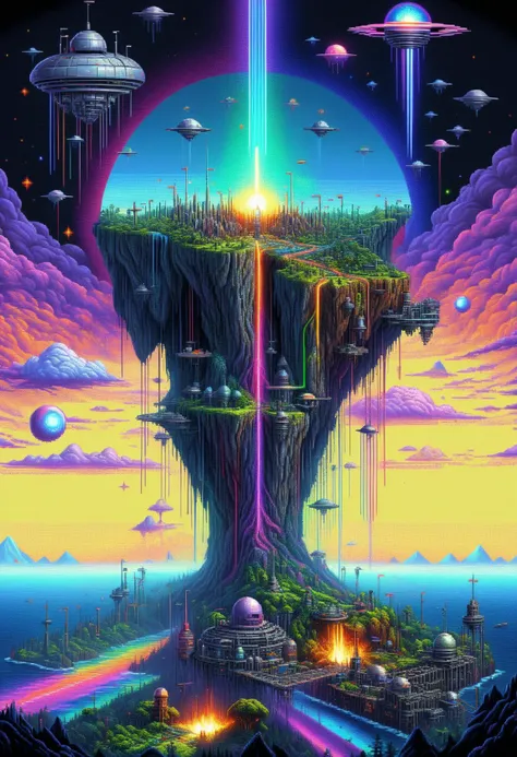 DonM8u663dXL,pixel art hyper detailed masterpiece, dynamic realistic digital art, awesome quality,translucent island,medieval perspective,cyberspace grid pattern zenithal hour angle atmospheric scattering,laser skies, extragalactic,nomadic life,subdued,empress,prismatic,euphoric,advanced robotics,close-knit communities,factory,evasive <lora:DonM8u663dXL-000008:1>