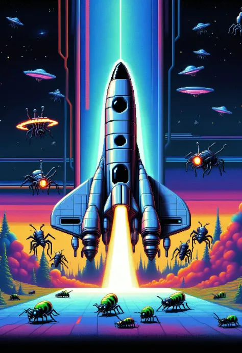 DonM8u663dXL,text "BUGGED!", pixelized spaceship, interstellar, zenithal hour angle, quasar <lora:DonM8u663dXL-000008:1>