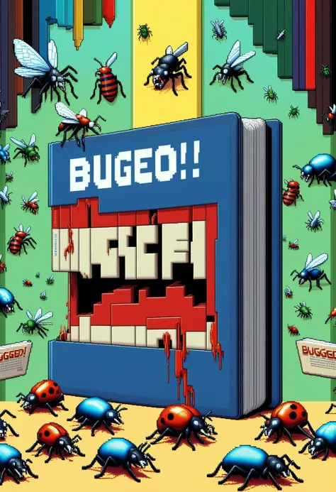 DonM8u663dXL,text "BUGGED!", pixel art lost journals, debossing, metal, bookends <lora:DonM8u663dXL-000008:1>