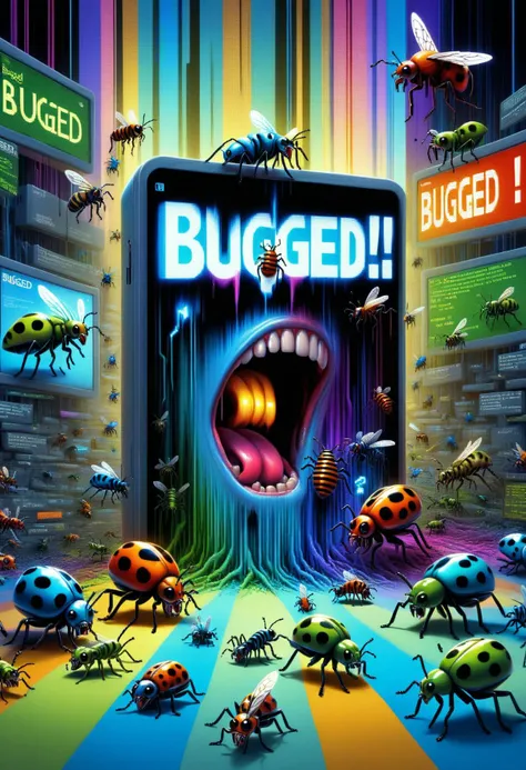 DonM8u663dXL, text "BUGGED!", hyper detailed masterpiece, dynamic realistic digital art, awesome quality,irregular barracks,oceanic ambiance,strong field motion blur,synchronicity, pyroclasmic,sombre,decompose,miasmic,kaleidoscopic,zealous,winding,museums <lora:DonM8u663dXL-000008:1>
