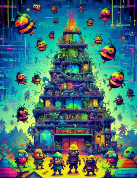 DonM8u663d, text "BUGGED!",glitch art, pixelized, menehune, Small humanoid beings from Hawaiian mythology, superb craftsmanship, secretive and nocturnal, building incredible structures, helpful, <lora:DonM8u663d:0.8>