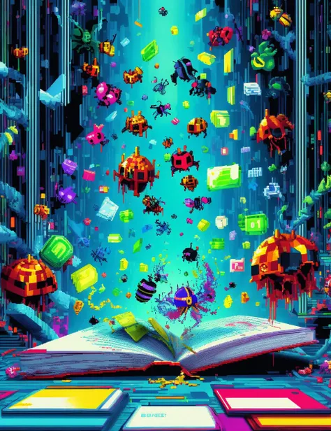 DonM8u663d, text "BUGGED!",glitch art, pixelized, tomes of forbidden knowledge, debossing, lachrymotion (a fictional liquid), slipcases, <lora:DonM8u663d:0.8>