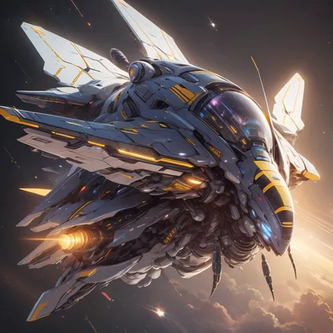 <lora:sp4c3sh1p:0.8> bee spaceship, flying, galaxy background, ultra detailed, Hyperrealistic, sharp focus, UHD, octane render