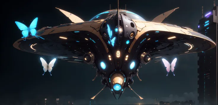 <lora:sp4c3sh1p:0.8> butterfly spaceship, flying, black background