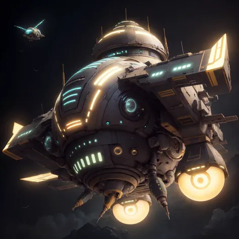 <lora:sp4c3sh1p:0.8> caterpillar spaceship, flying, black background