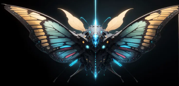 <lora:sp4c3sh1p:0.8> butterfly spaceship, flying, black background