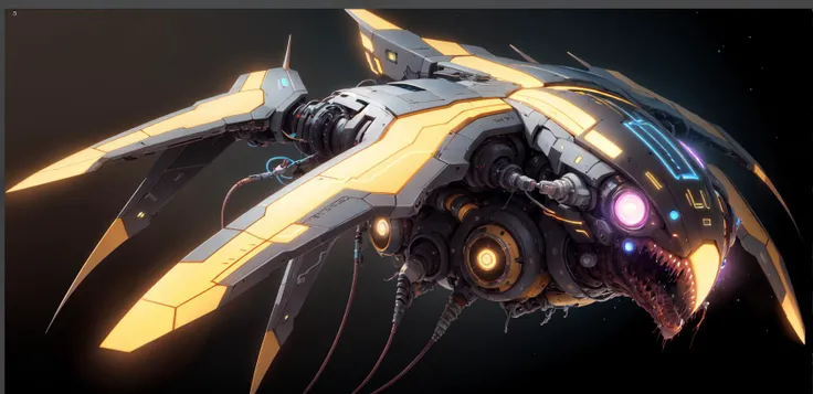 <lora:sp4c3sh1p:0.8> worm wired spaceship, flying, black background