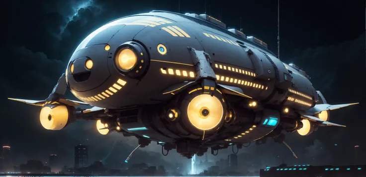 <lora:sp4c3sh1p:0.8> caterpillar spaceship, flying, black background