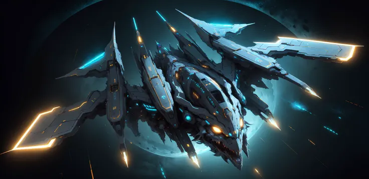 <lora:sp4c3sh1p:0.8> dragon shape sp4c3sh1p spaceship, flying, black background