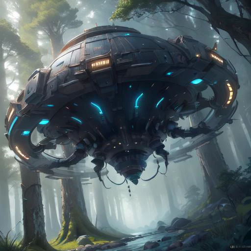 <lora:sp4c3sh1p:1> water style sp4c3sh1p, orbiting, floating, forest, cinematic gravity