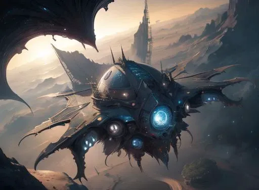 <lora:sp4c3sh1p:0.65> lovecraft style sp4c3 ship, orbiting, floating, desert