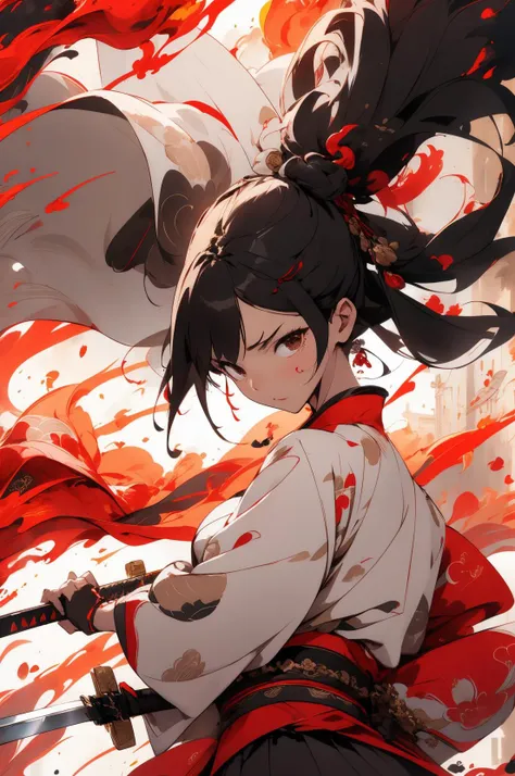 Masterpiece, 1girl, close up, wear colorful hanfu, Chinese Traditional cloth, ((holding a huge sword,)) long black hair, hair braid, fire flames background, wind effect, ink painting style, dynamic pose, battle pose, smokexxx <lora:kungfu:0.8> <lora:nijipretty_20230624235607:0.5> <lora:smokeanywhere:1>