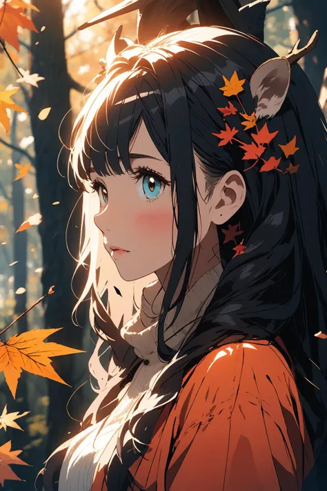 bioluminescence,1girl and a deer,forest,dappled sunlight,autumn leaves,<lora:nijipretty_20230624235607:1>,masterpiece,best quality,