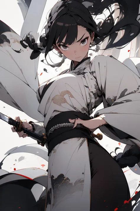 Masterpiece, 1girl, close up, wear silver hanfu, Chinese Traditional cloth, ((holding a silver sword)), long black hair, hair braid, silver vortex background, wind effect, ink painting style, dynamic pose, battle pose, smokexxx <lora:kungfu:0.8> <lora:nijipretty_20230624235607:0.5> <lora:smokeanywhere:1>