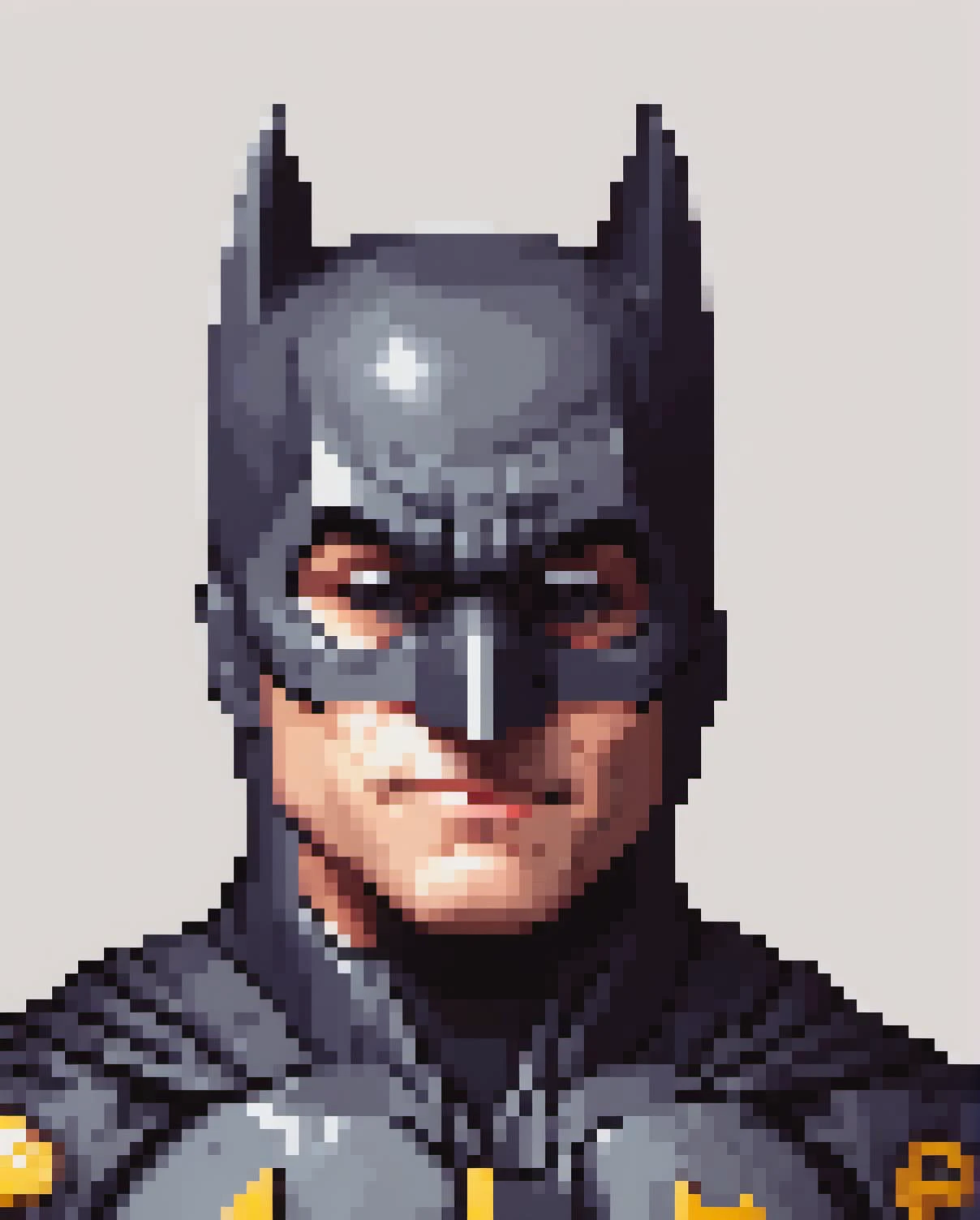 a frontal portrait of a batman,<lora:PixelArtRedmond-Lite64:1>,pixelart,((white background:1.5)),((simple background)),