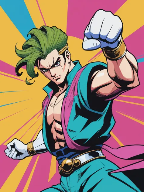 (masterpiece, best quality,jojo:1.3), (1man), fighting, ToonShading, bold outlines,(manga influence:1.3), clean linework, striking visuals,(colorful),