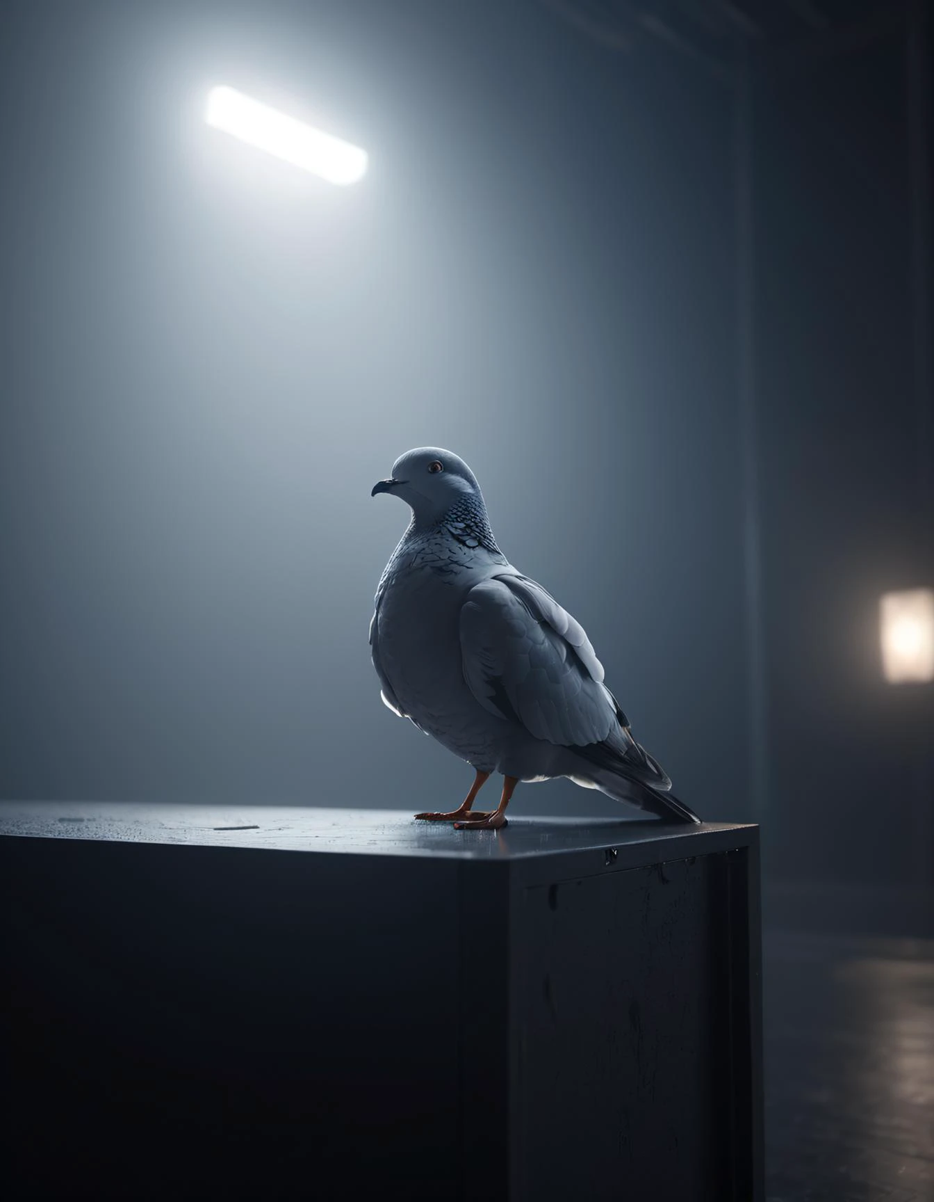 raw analog photo of a dove sitting in a cinema foggy background, blender, unreal engine, behance, deviantart, trending on artstation, concept art, digital art