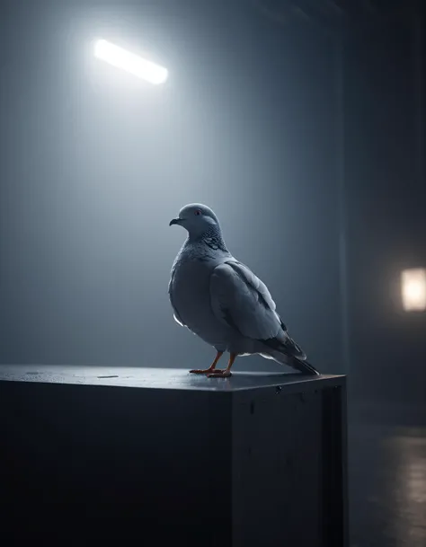raw analog photo of a dove sitting in a cinema foggy background, blender, unreal engine, behance, deviantart, trending on artstation, concept art, digital art