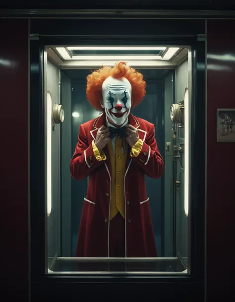 raw analog photo of a clown standing in an old phone booth diffuse lighting, fantasy, intricate, elegant, highly detailed, lifelike, photorealistic, digital painting, artstation, illustration, concept art, smooth, sharp focus, art by John Collier and Albert Aublet and Krenz Cushart and Artem Demura and Alphonse Mucha