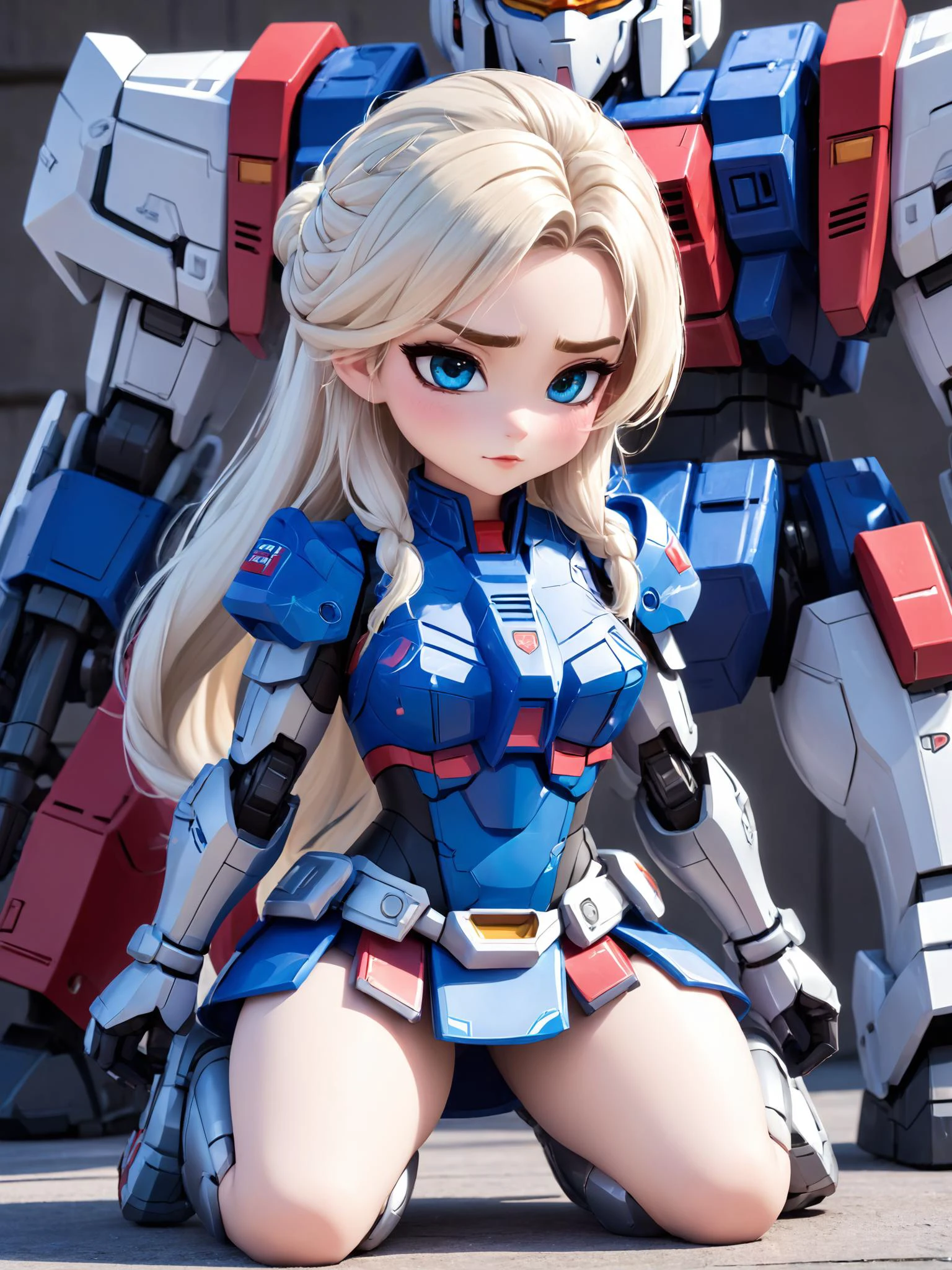 Elsa,Frozen,Elsa is in mache armor,Disney,full body, long hair, short skirt, intricate detail, highly detailed, great textures, 8k,
chibi,cute,spread legs, large breasts, nipples, squat,
gundam\\(rx78\\), armor, full body, <lora:RX78_SDXL_v3_loha:0.3>