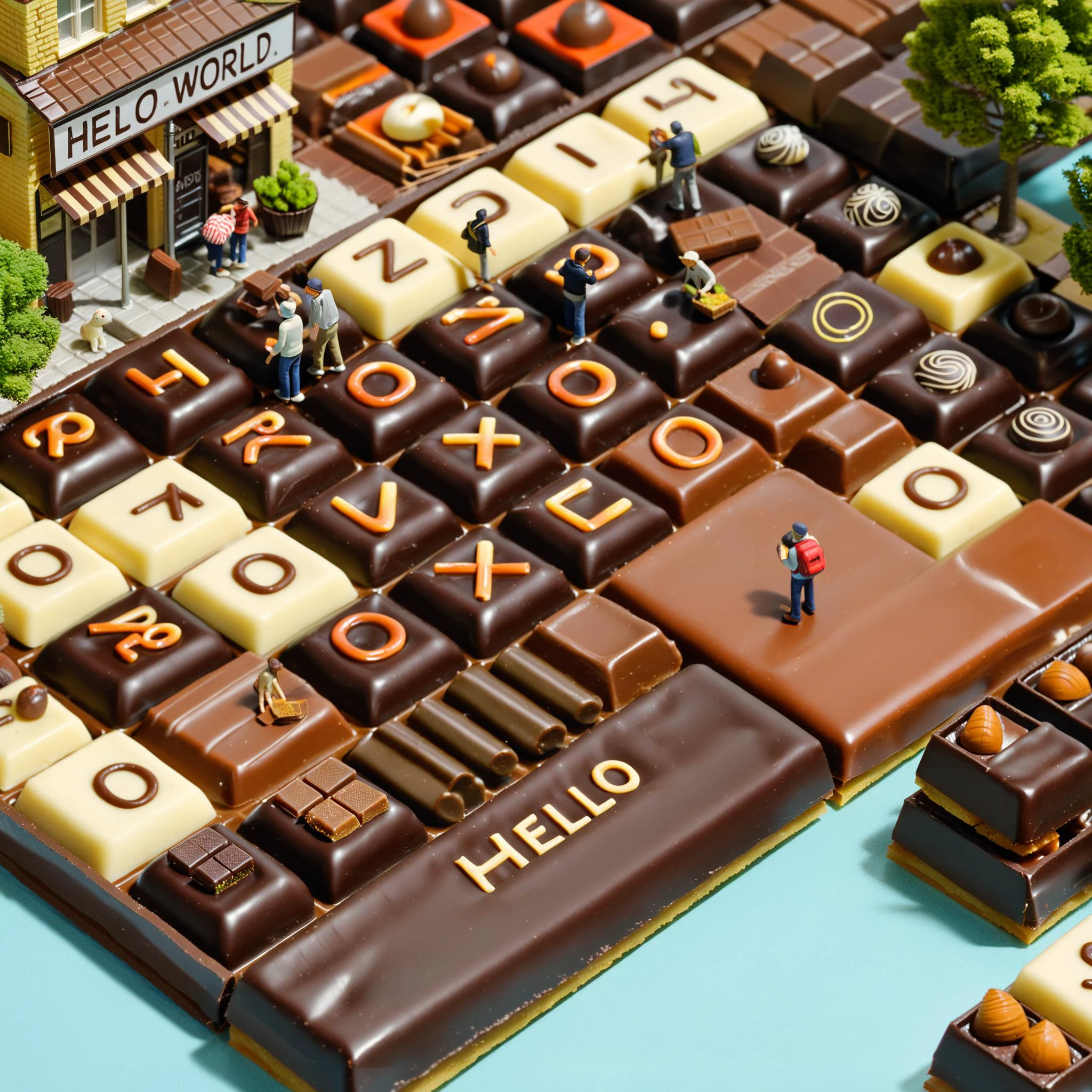Architectural style masterpiece, intricate detail, highly detailed, great textures, 8k, high detail, masterpiece, minihuman\(ttp\), miniature, from above, a street, made by chocolates, tiny figures , <lora:minihuman_SDXL_v2_loha-000018:0.8>, with text "hello world",