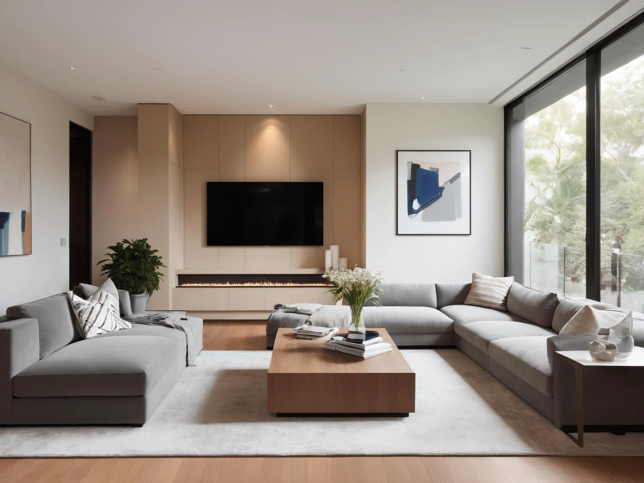 high-resolution image of a spacious living room with modern style. The room features a large, floor-to-ceiling window on one side, allowing abundant natural light to filter in and illuminate the sleek, minimalist furniture. The color palette is neutral with shades of gray, beige, and white, accented with pops of color from strategically placed indoor plants and vibrant throw pillows on a plush, sectional sofa. The flooring is polished hardwood, complemented by a soft, geometric-patterned area rug that anchors the seating area. A state-of-the-art entertainment system sits along one wall, with a large, flat-screen television mounted above a low-profile media console. Artistic light fixtures descend from the high ceiling, providing a warm ambiance, while a series of abstract paintings add an artistic touch to the otherwise clean lines of the space. The room is finished with high-end touches, such as a sleek, glass-top coffee table, chrome accents, and a smart home system that is subtly integrated into the room's designï¼