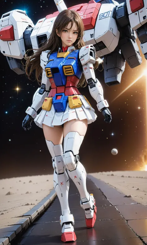 masterpiece, ({1girl is in mache armor with jumping pose, full body, long hair, short skirt}:1.3), realistic:2, intricate detail, highly detailed, great textures, 8k, 100000000 detail, gundam\\(rx78\\), armor, full body, <lora:RX78_SDXL_v3_loha:0.2>