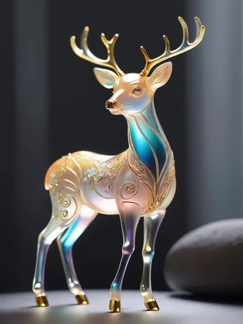 extremely delicate iridiscent deer made of glass, translucent, tiny golden accents, beautifully and intricately detailed, ethereal glow, whimsical, art by Mschiffer, best quality, glass art, magical holographic glow,