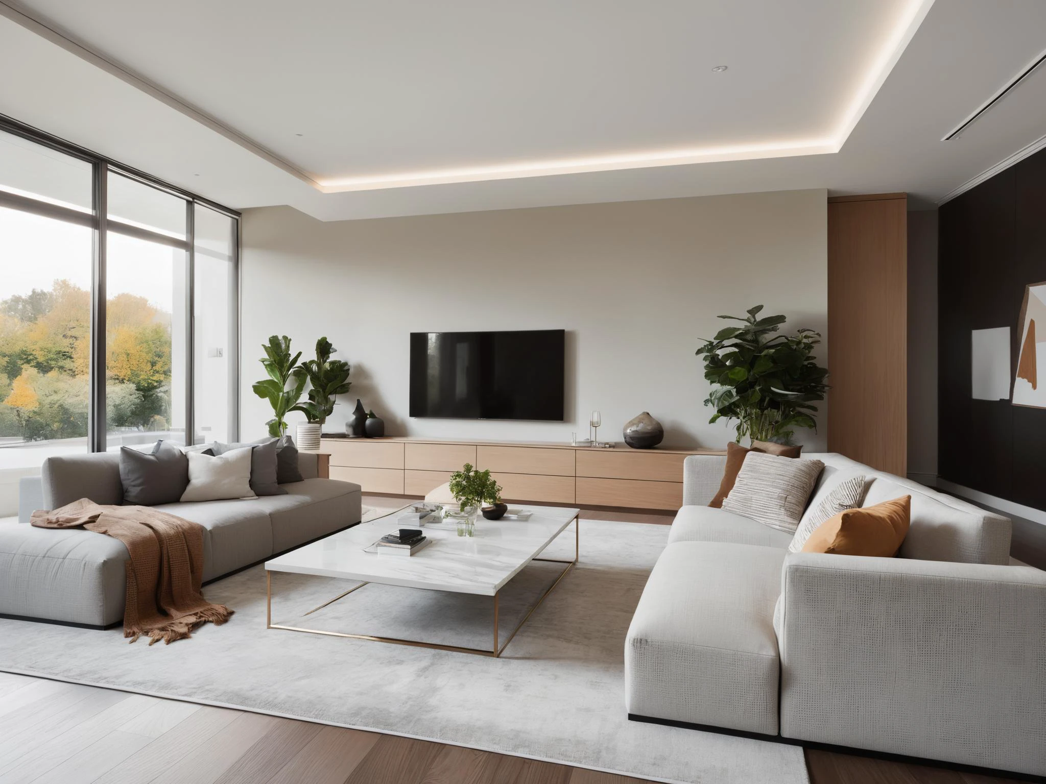 high-resolution image of a spacious living room with modern style. The room features a large, floor-to-ceiling window on one side, allowing abundant natural light to filter in and illuminate the sleek, minimalist furniture. The color palette is neutral with shades of gray, beige, and white, accented with pops of color from strategically placed indoor plants and vibrant throw pillows on a plush, sectional sofa. The flooring is polished hardwood, complemented by a soft, geometric-patterned area rug that anchors the seating area. A state-of-the-art entertainment system sits along one wall, with a large, flat-screen television mounted above a low-profile media console. Artistic light fixtures descend from the high ceiling, providing a warm ambiance, while a series of abstract paintings add an artistic touch to the otherwise clean lines of the space. The room is finished with high-end touches, such as a sleek, glass-top coffee table, chrome accents, and a smart home system that is subtly integrated into the room's designï¼