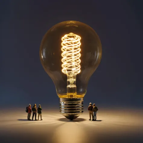 masterpiece, (realistic:1), (photorealistic:1), intricate detail, highly detailed, great textures, 8k, high detail, miniature, landscape, overview, <lora:minihuman_SDXL_v2_loha-000016:0.65>, a group of tiny figures looking at an oversized light bulb,