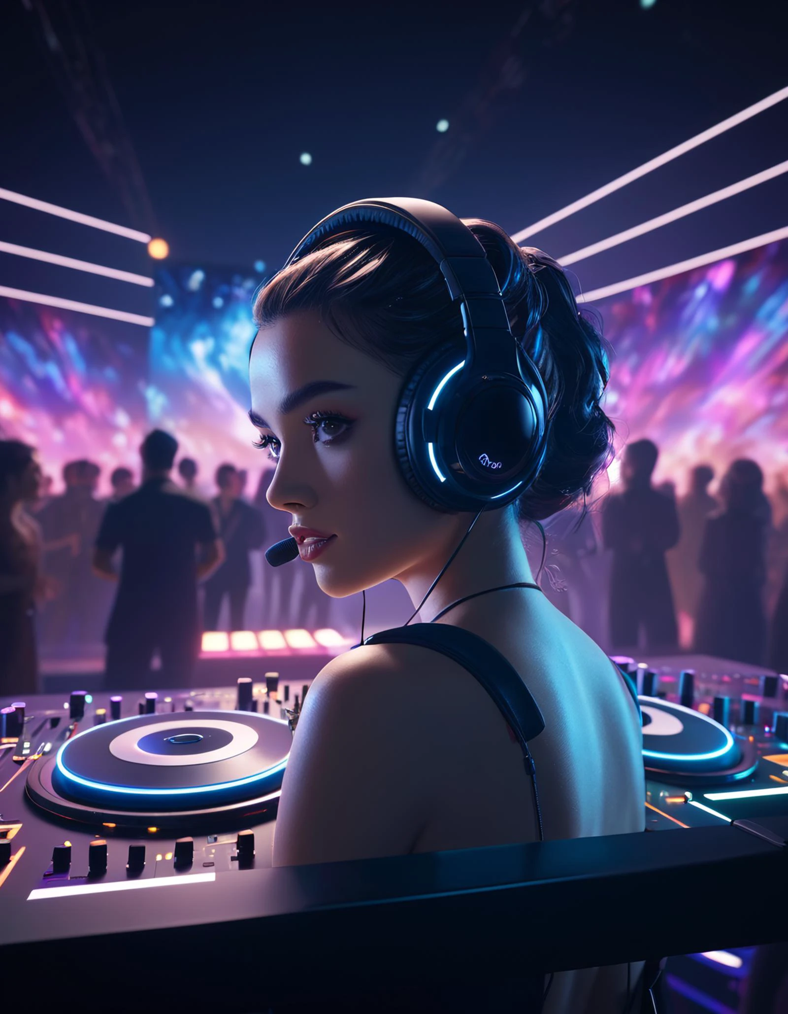 a dj on stage spinning records with headphones looking over crowd dancing at a club, photorealistic, unreal engine 5, trending on artstation, high detailed, high quality, 8 k, soft lighting, path traced, starry background, bloom, high coherence, symmetrical, high contrast, digital art, serene landscape, cinematic