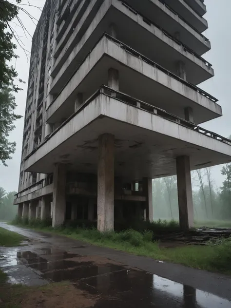 ((Best quality)), ((masterpiece)), abandoned brutalist architecture of Pripyat, rainy day, thunder, thunderbolt, hyper realistic DSLR photo, Nikon D5,black,dark,mist,horror