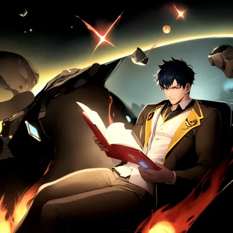 <lora:haruaki_5-000004:0.8>ï¼Draw a young programmer, sitting on a research platform floating in the middle of an asteroid belt. He is studying with a notebook, surrounded by several asteroids glowing with fiery auras. Dramatic lighting from distant stars and planets illuminates the scene, casting deep shadows on the suit. The young man looks confident and determined, looking at the vast and mysterious universe with wonder and respect,facial hair, cowboy shot,