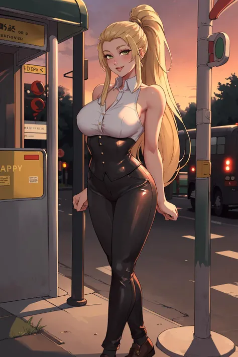 Senju Tsunade,Volumetriclighting,Best shadow,shallowdepthoffield,Portrait of a beautiful woman,Large,Delicate, beautiful attractive face,alluring yellow eyes,Messy mouth,Sharp eyebrows,A seductive smile,open open mouth,Fangs exposed,Huge giant breasts, Short double ponytail blonde hair, Blush Eyeshadow, Thick lashes, Applejack hat, Oversized Pop mini bra, Slim waist, Black tights, , In The Graffiti Alley, trash cans, Outside the stairs, Outdoor units,Hold a vibrator,standingn,(HighestQuali,astonishing detail:1.25),(独奏:1.3),Brilliant and colorful paintings