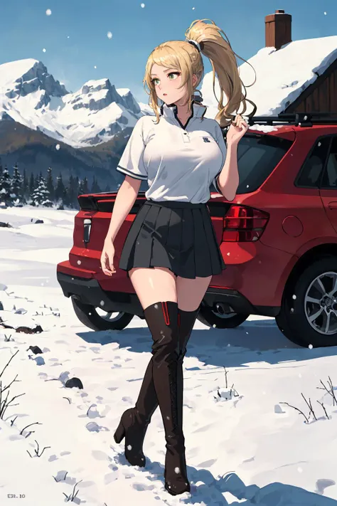 masterpiece, best quality, <lora:EPfeJade-06:0.7>, EPfeJade, blonde hair, very long hair, large breasts, ponytail, from afar, full body, snowy mountain, day, own hands together, polo shirt, long skirt, roof rack, thigh high boots, nervous