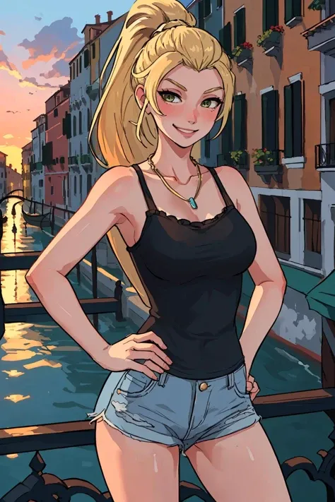 centered, professional photo, (looking at viewer:1.2), smiling, |  Lindsay_Total_Drama, 1girl, solo, blue eyes, long hair, blonde hair, cleavage, bandana, skirt, | | bokeh, depth of field, cinematic composition, | <lora:Lindsay_Total_Drama:0.8>