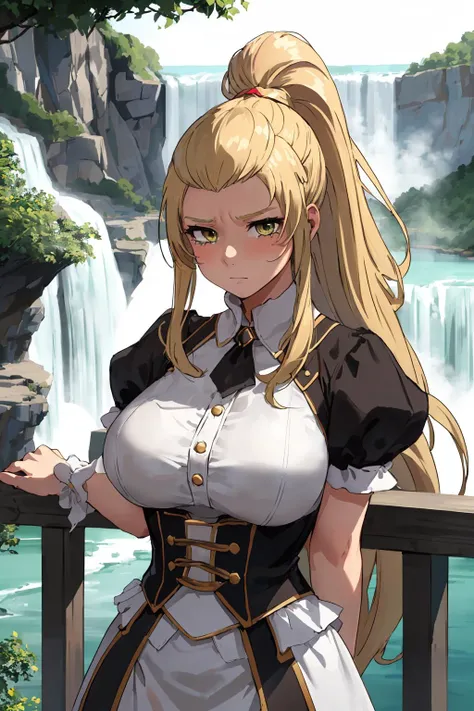 masterpiece, best quality, <lora:EPfeJade-06:0.7>, EPfeJade, blonde hair, very long hair, huge breasts, ponytail, upper body, niagara falls, day, arm support, renaissance costume, loafer, tearing up
