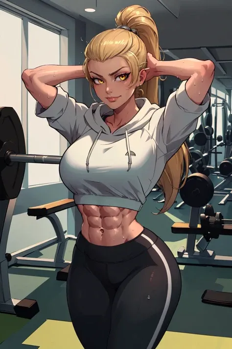 Very beautiful slim woman in fitness outfit promoting her vegan dessert course for weight loss. 