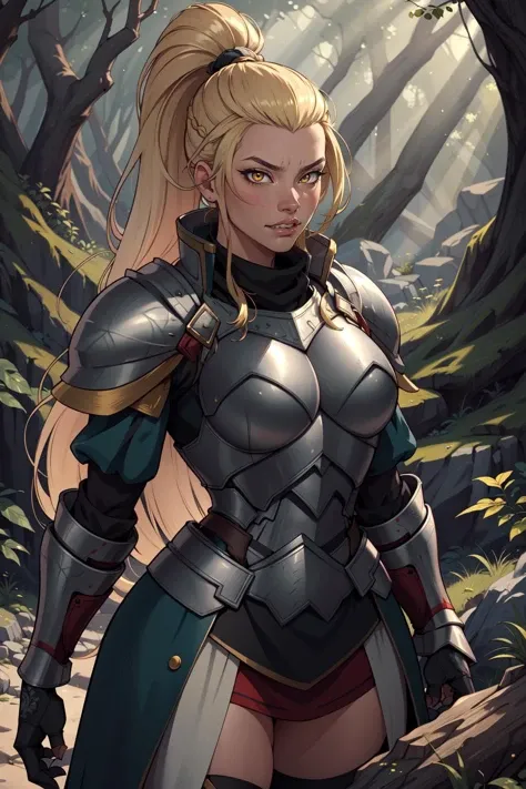(masterpiece, best quality, absurdres, 4k, aesthetic, detailed, intricate),outside,forest,dappled sunlight,1girl,epfejade,long hair,ponytail,armor,breastplate,gauntlets,shoulder armor,tabard,serious,clenched teeth <lora:EPfeJade:0.8>