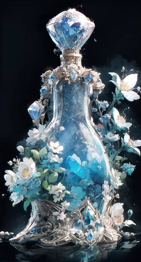 blue vaze, no humans, still life, gem, flower, black background, simple background, white flower <lora:vaze-noise:1>