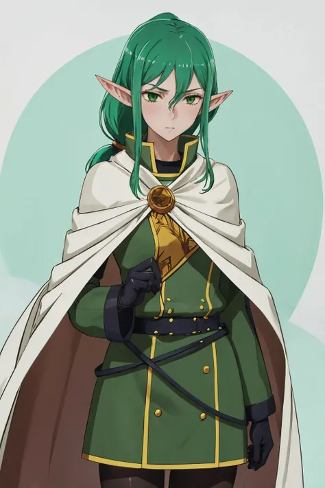 masterpiece, best quality, 1girl, solo, <lora:riveria-nvwls-v1:0.8> defRiveria, jewelry, white cloak, green dress, long green sleeves, gloves, belt, pantyhose, low ponytail, pointy ears