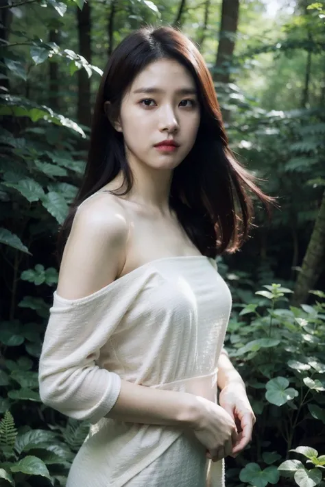 (realistic), (hyperrealism),best quality, masterpiece,ultra high res, (photorealistic:1.4),1girl,pale skin,young,(looking at viewer),dark forest, sun ray,
<lora:makina69_kimsoeun_v1.0:1>, white dress , bare shoulders, cowboy shot