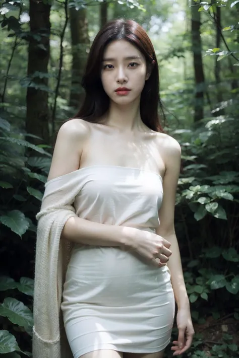 (realistic), (hyperrealism),best quality, masterpiece,ultra high res, (photorealistic:1.4),1girl,pale skin,young,(looking at viewer),dark forest, sun ray,
<lora:makina69_kimsoeun_v1.0:1>, white dress , bare shoulders, cowboy shot