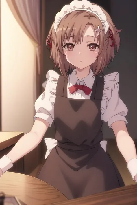 yukimurakusunoki, <lora:yukimura kusunoki s2-lora-nochekaiser:1>,
yukimura kusunoki, short hair, brown hair, hair ornament, ribbon, (brown eyes:1.3), hair ribbon, star \(symbol\), star hair ornament,
BREAK bow, pantyhose, apron, maid, maid headdress, white pantyhose,
BREAK indoors, classroom,
BREAK looking at viewer, (cowboy shot:1.5),
BREAK <lyco:GoodHands-beta2:1>, (masterpiece:1.2), best quality, high resolution, unity 8k wallpaper, (illustration:0.8), (beautiful detailed eyes:1.6), extremely detailed face, perfect lighting, extremely detailed CG, (perfect hands, perfect anatomy),
